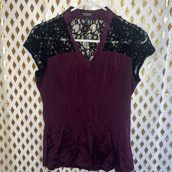 EXPRESS Maroon Burgundy Black Lace goth Top Career Work Blouse size XS - Picture 3 of 6